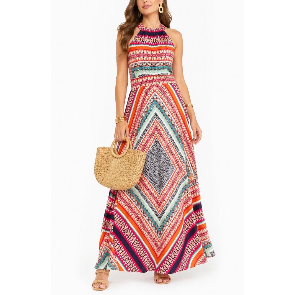 Eliza J Scarf Print Crepe De Chine Maxi Dress Keyhole Tie Pleated Boho Size 4 - Picture 1 of 13